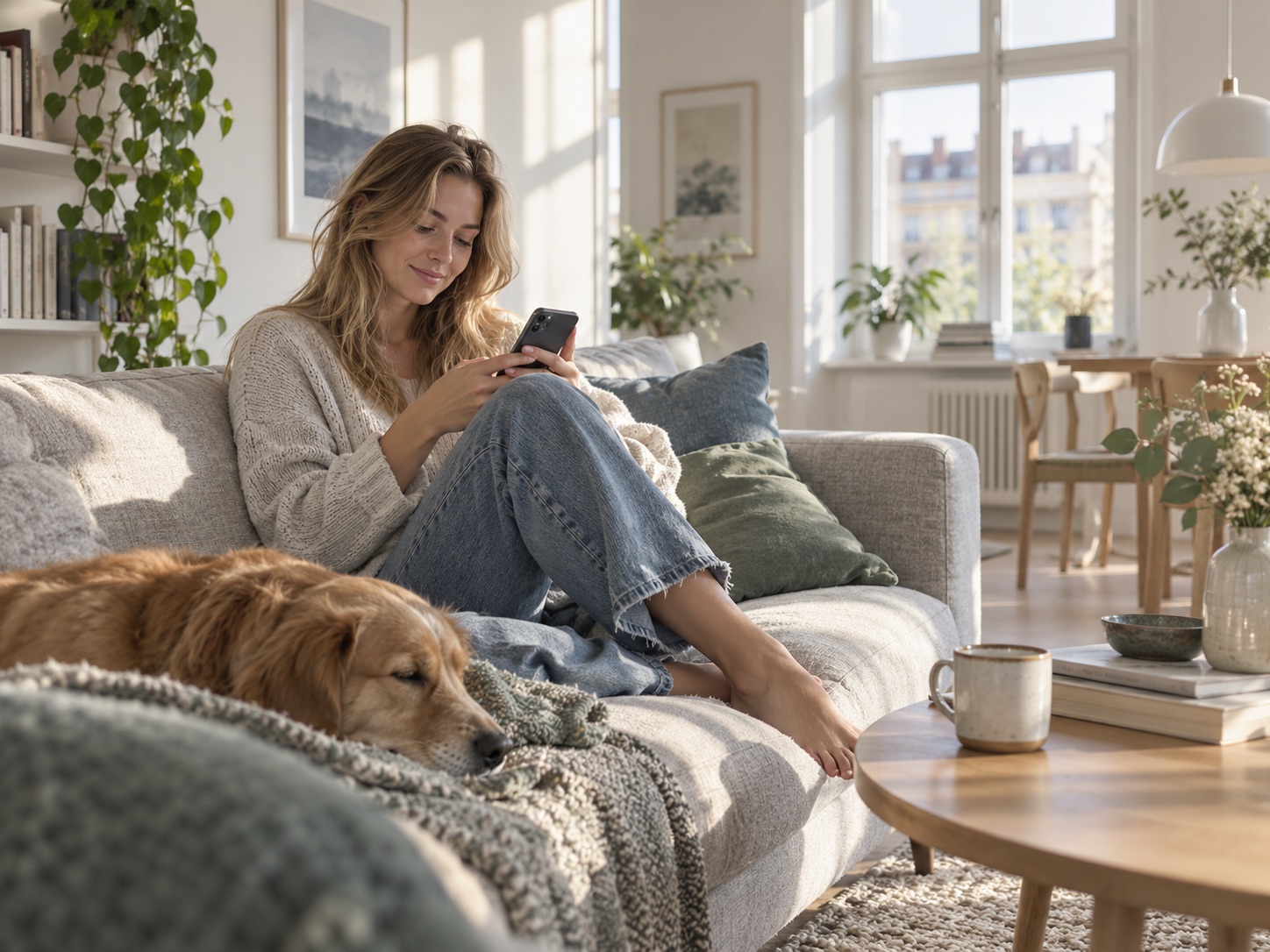Woman relaxing on a sofa at home with her phone, her dog asleep beside her