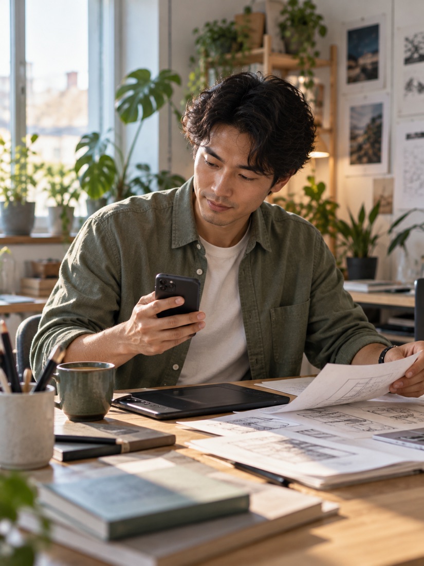 Designer reviewing sketches with his phone at a home studio desk