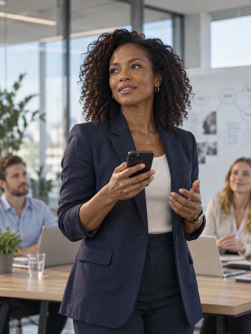 Team lead holding her phone in a glass meeting room