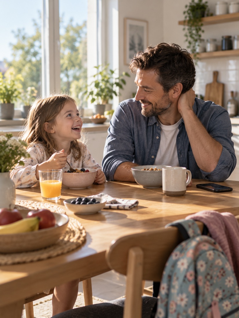 Father and daughter laughing over breakfast at a sunlit kitchen table