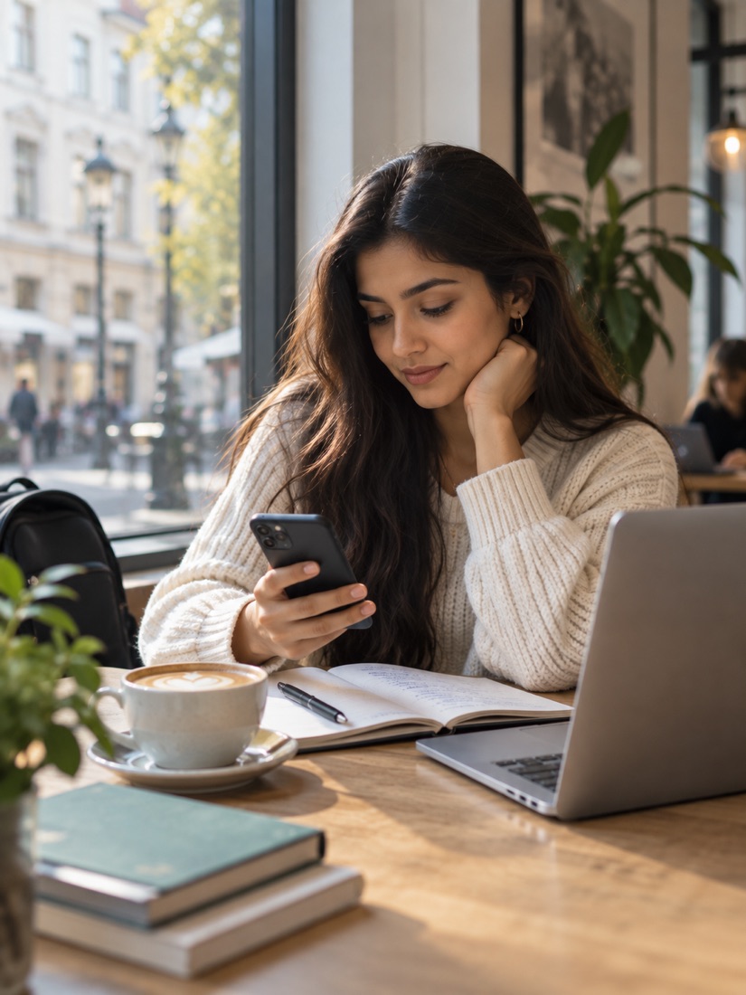 Student checking her phone in a café with a notebook and laptop