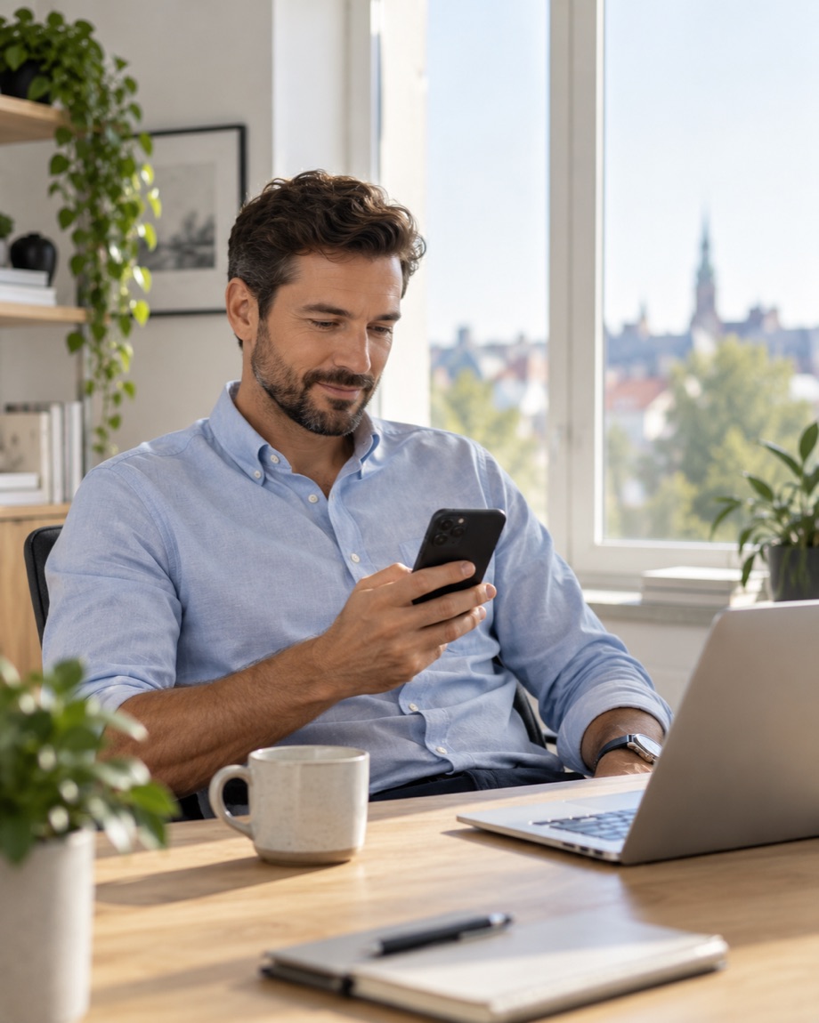 Man at his desk glancing at a notification on his phone