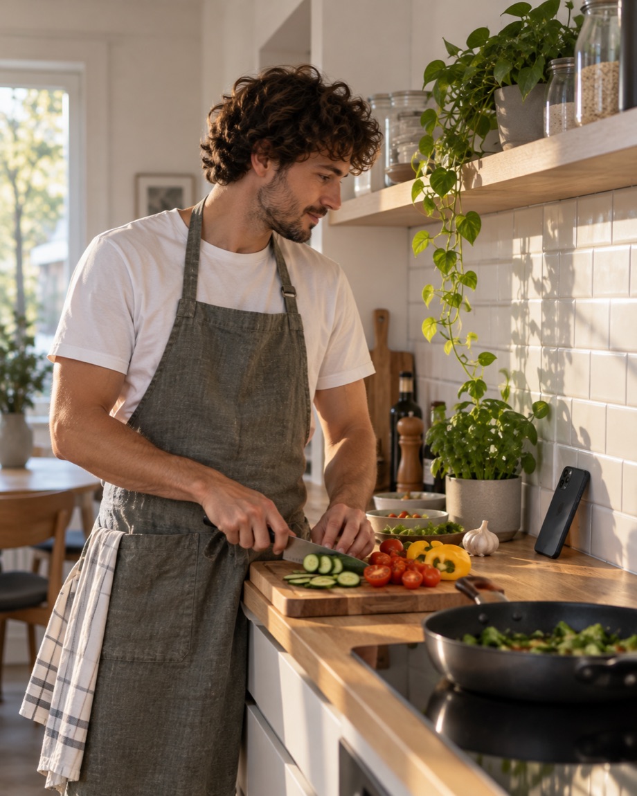Man chopping vegetables in a sunny kitchen while his phone speaks a reminder