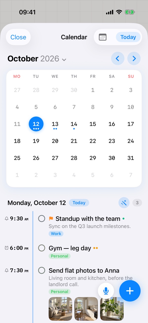 Monthly calendar with busy days marked and the day's agenda