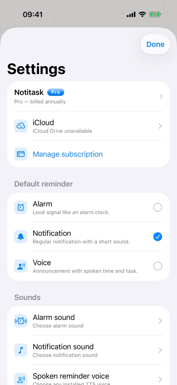 Settings with default reminder style and sounds