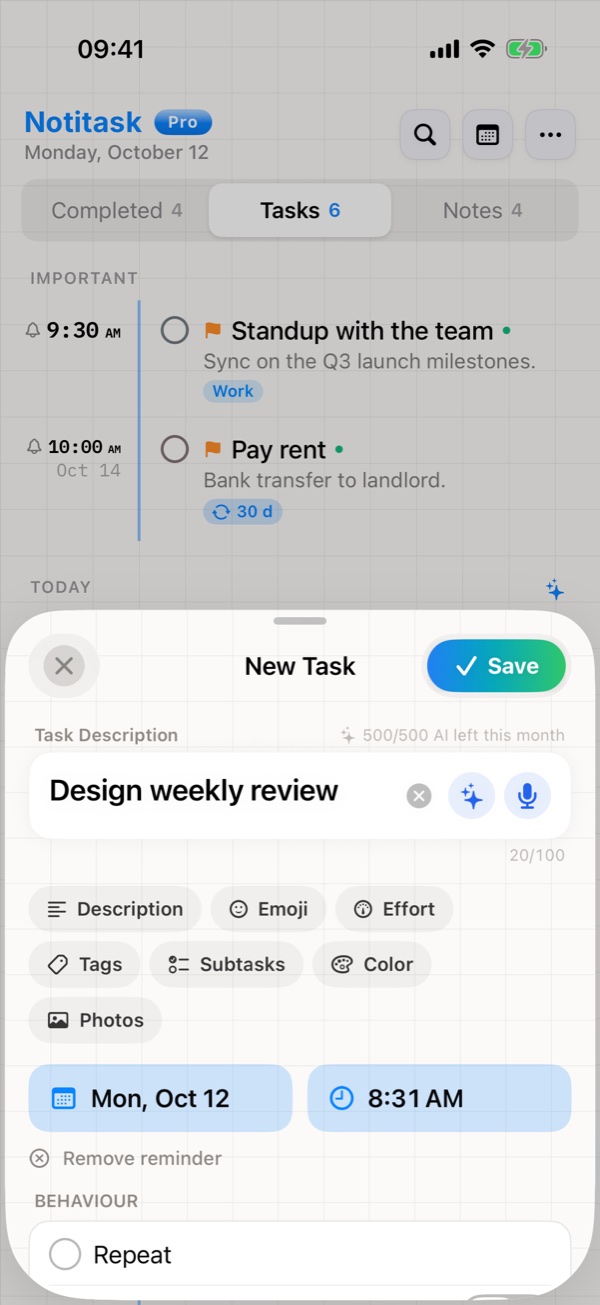 New task form with reminder date, time, tags, subtasks and colour